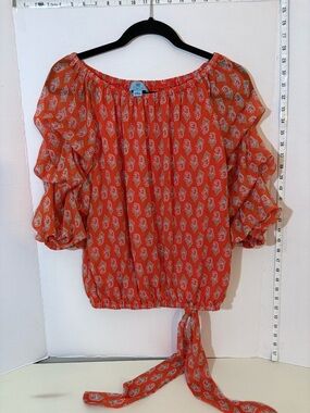 CeCe Orange Floral Tie-Front Ruffle Sleeve Blouse